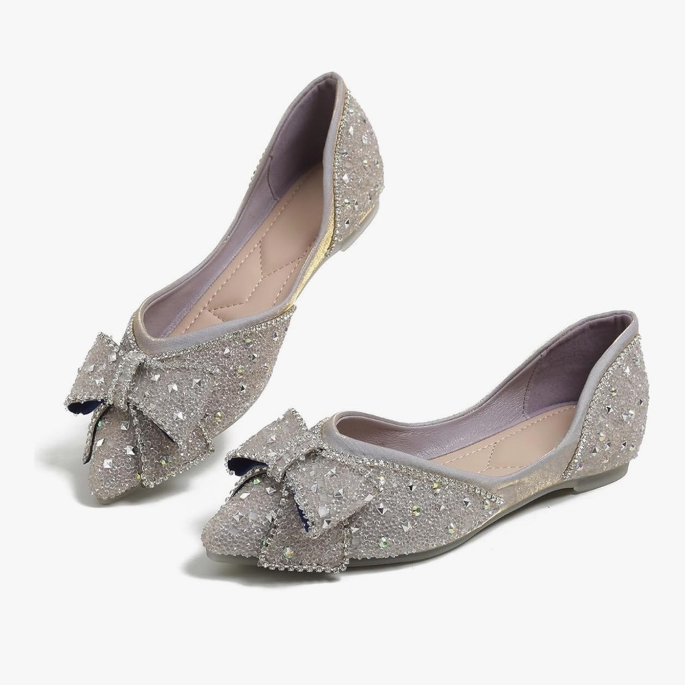 Flats W/ Rhinestone Sequins & Bow. Comfort Slip On.  Purplish Gray Size - 8.5